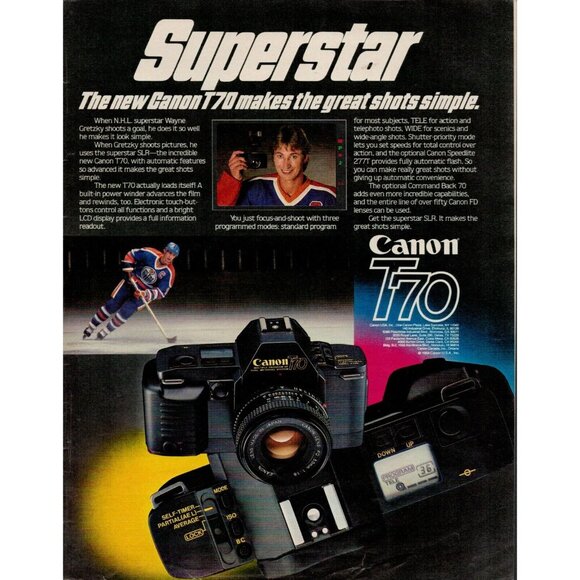 1984 Canon T70 Camera f/ Wayne Gretsky Vintage Print Ad (L8) - Picture 1 of 3